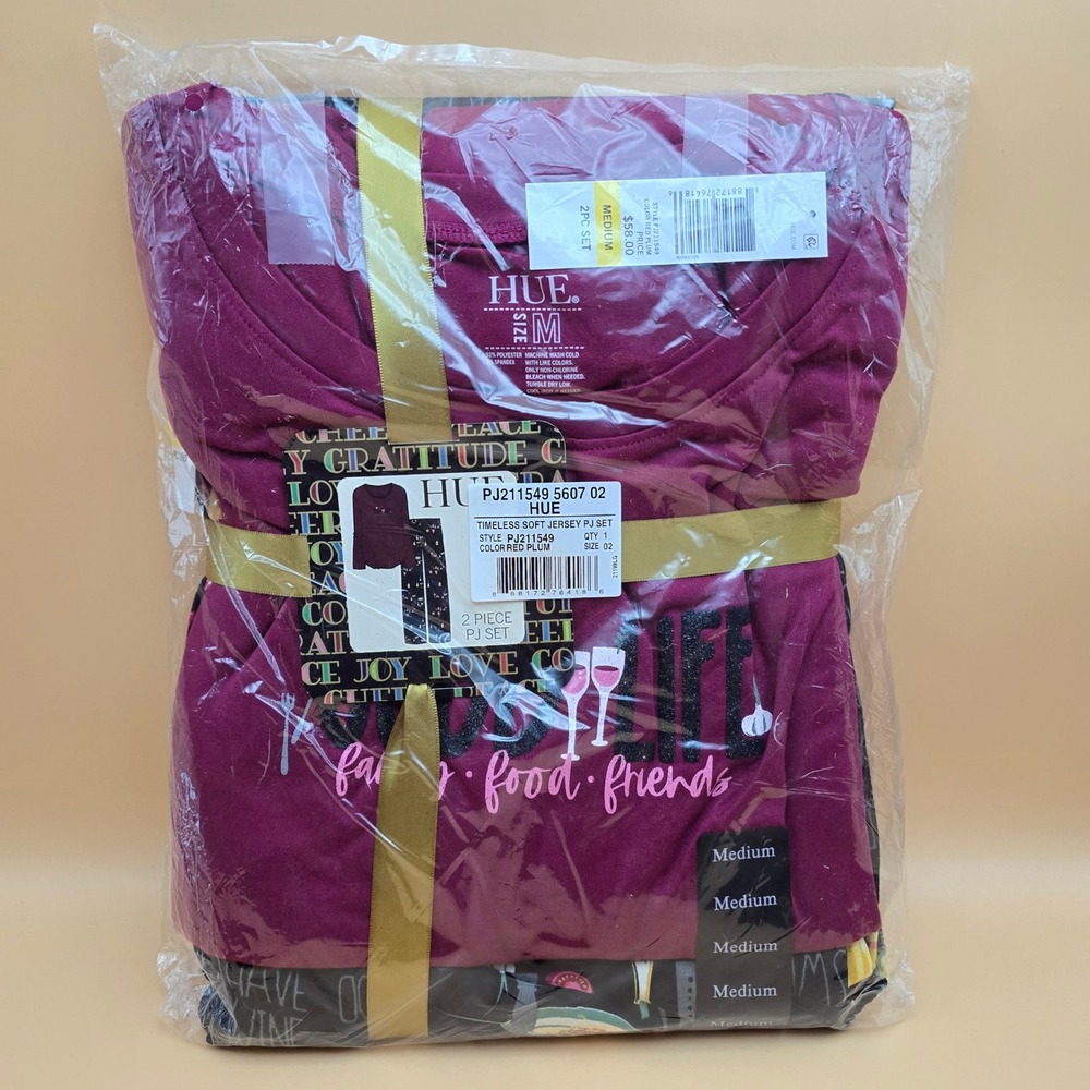 HUE Timeless Soft Jersey 2 Piece PJ Set Red Plum Wine Food Graphic Medium NEW